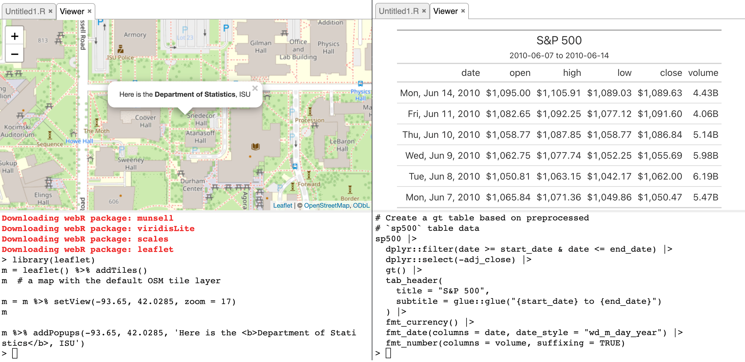 Screenshots of the webR REPL showing a tabular data viewer, an interactive map using the leaflet package, and a HTML table rendered using the gt package.